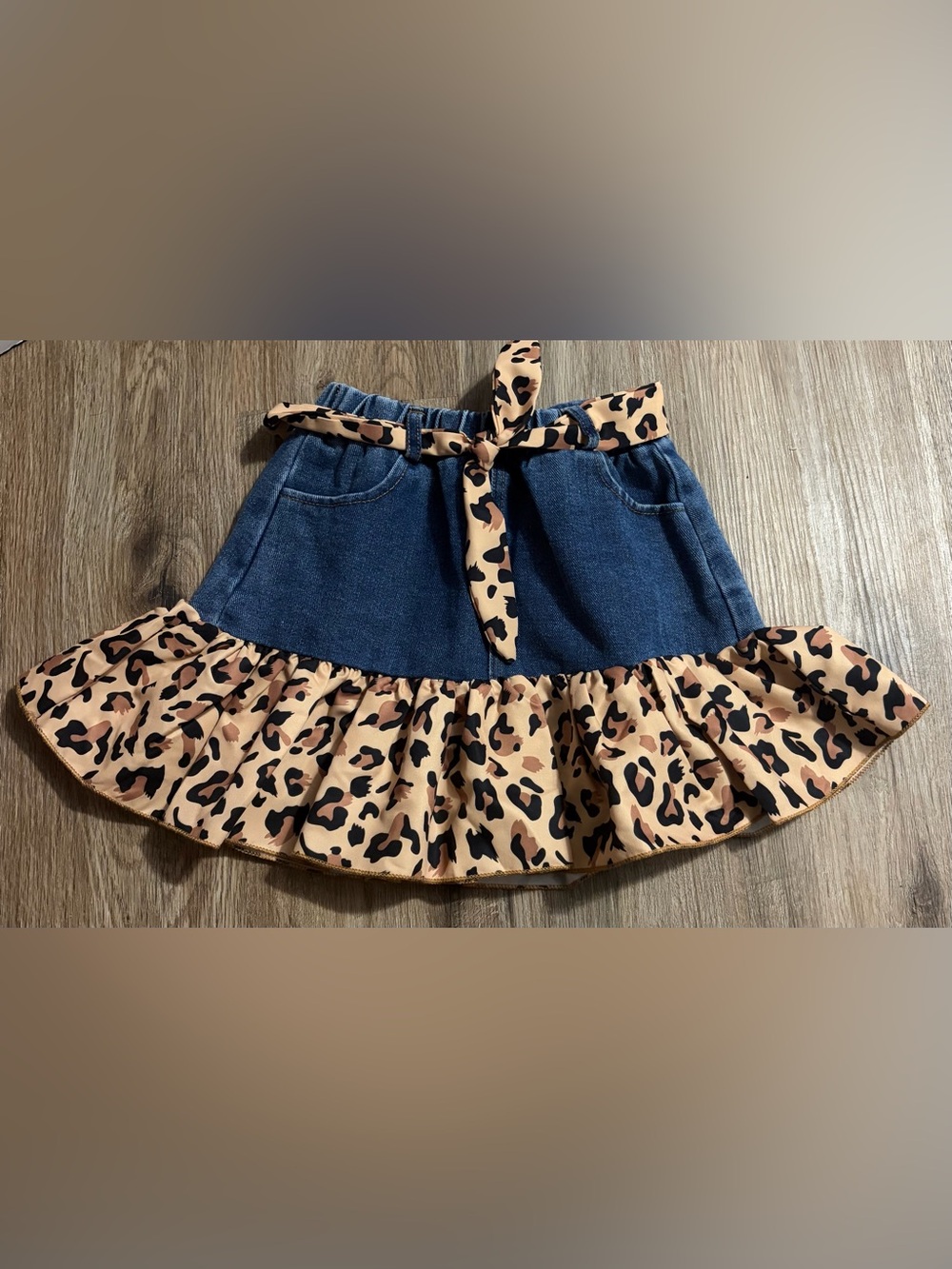 SHEIN - Blue Denim Mini Skirt with Leopard Ruffle and Tie Belt - Size 5